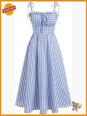 Gingham Maxi Dress Bow Tie Square Neck Sleeveless Pockets Summer Vacation Outfit